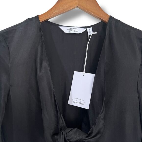& Other Stories Flutter Sleeve Satin Tie Front Midi Dress Sz 2 Black Silk Blend - Picture 5 of 12